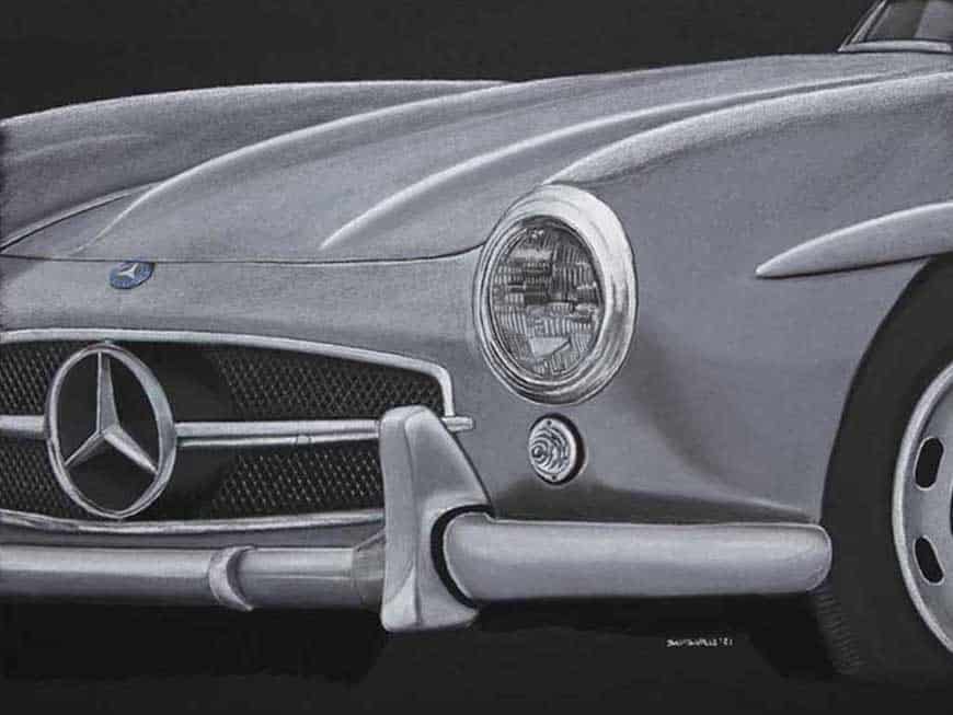 Quadre del Mercedes 300 SL dibuixat a mà sobre fons negre