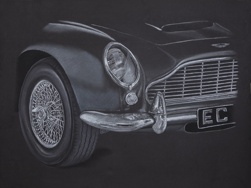 Quadre original d'un Aston Martin clàssic fet sobre fons negre