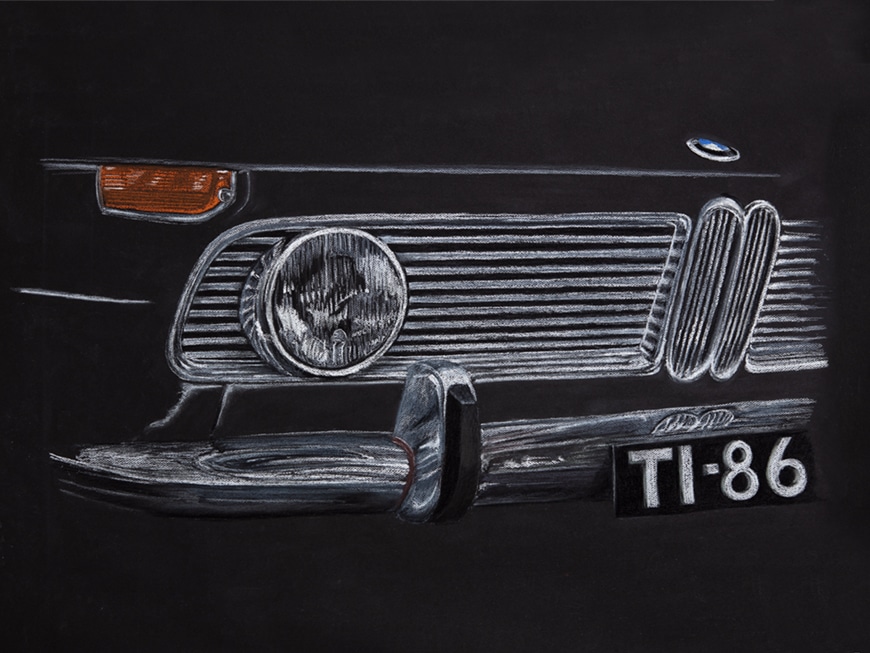 Quadre del BMW dibuixat amb llàpissos pastel sobre fons negre
