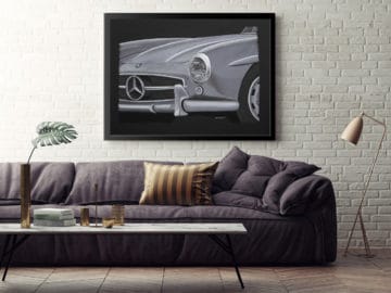 Cuadro del Mercedes 300 SL en la pared de una sala de estar