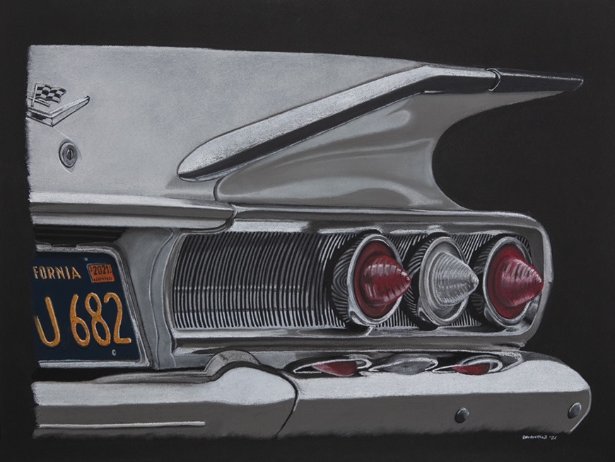 Dibujo artístico lo los cromados y pilotos traseros de un Chevrolet Impala