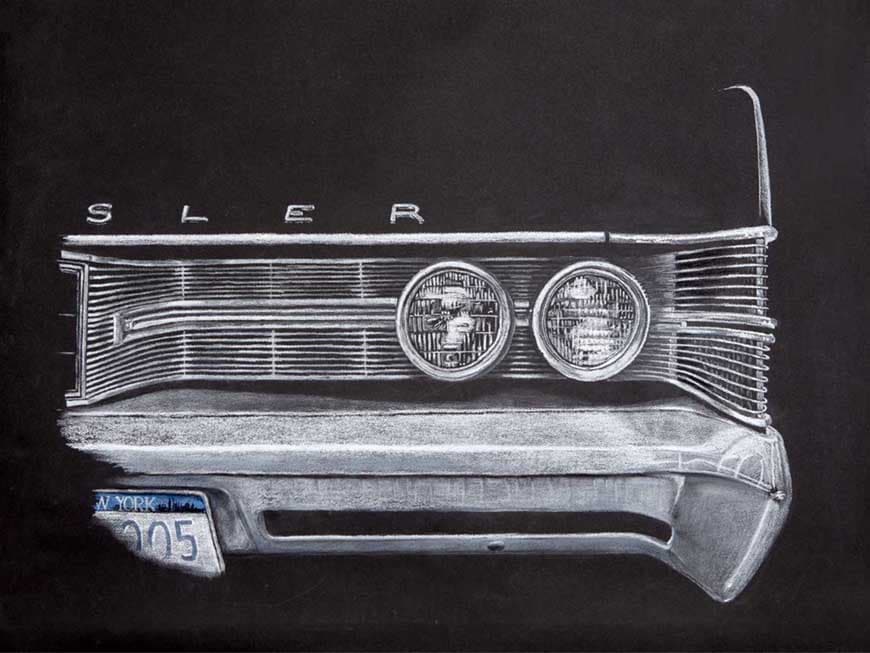 Dibuix dels cromats d'un Chrysler New Yorker sobre fons negre