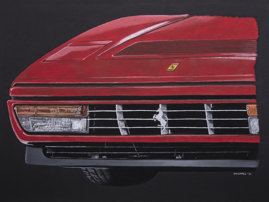 Decorative frame with the front of the Ferrari 328 GTB in rosso corsa
