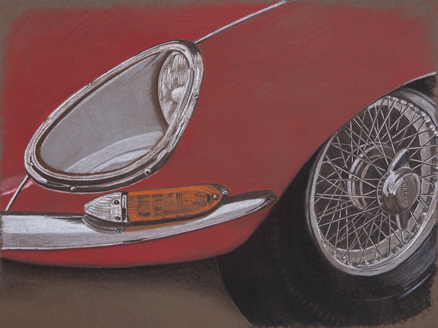 El quadre del Jaguar E Type fet a mà amb el detall dels radis de la seva llanta