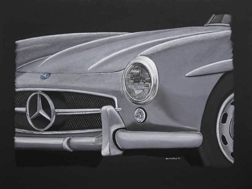 El cuadro de un mito alemán, el Mercedes 300 SL pintado sobre fondo negro