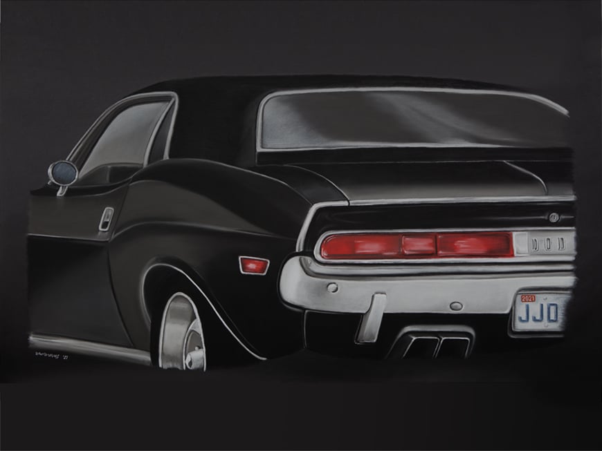 El Dodge Challenger de 1970 pintat en una vista posterior