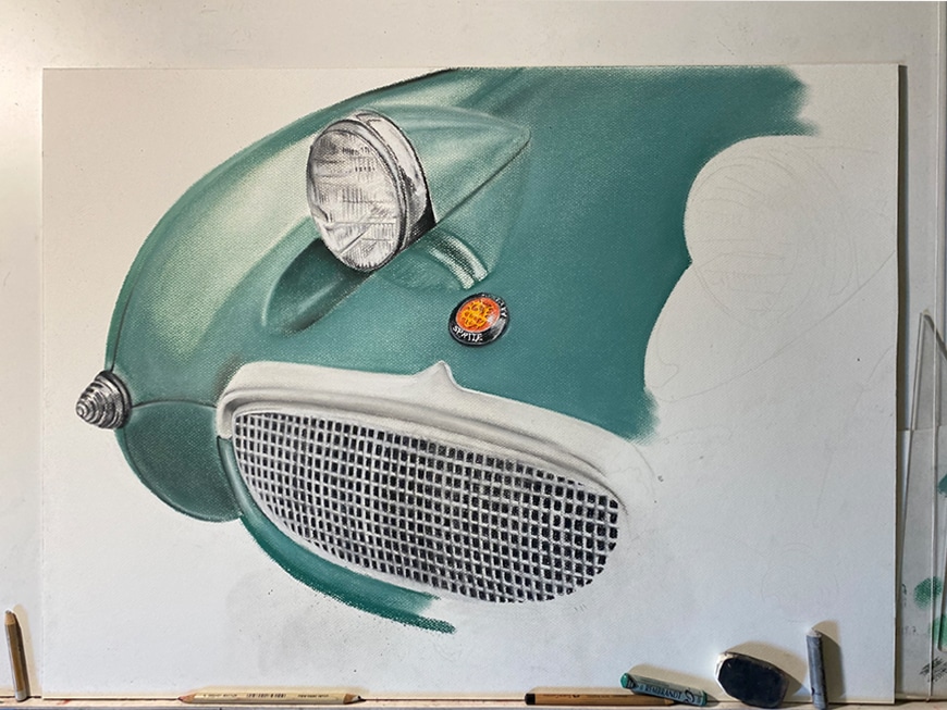 Process of making a painting of an Austin Healey Spirit