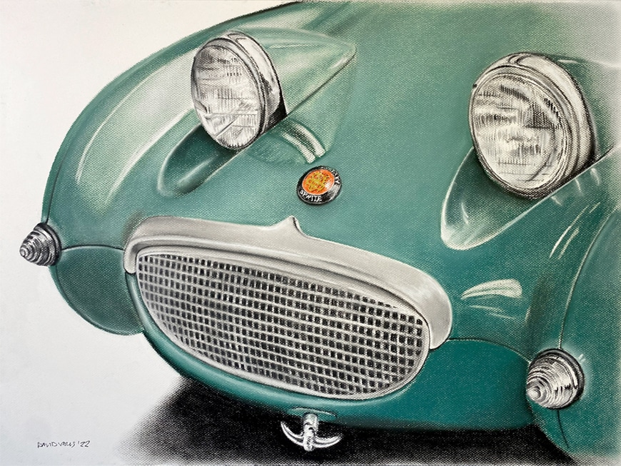 Hand painted picture showing the front of the Austin Healey Sprite in green color.