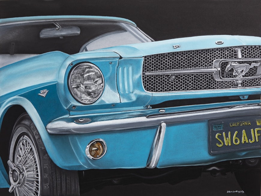 Painting of a 1967 Ford Mustang 289 painted on black paper