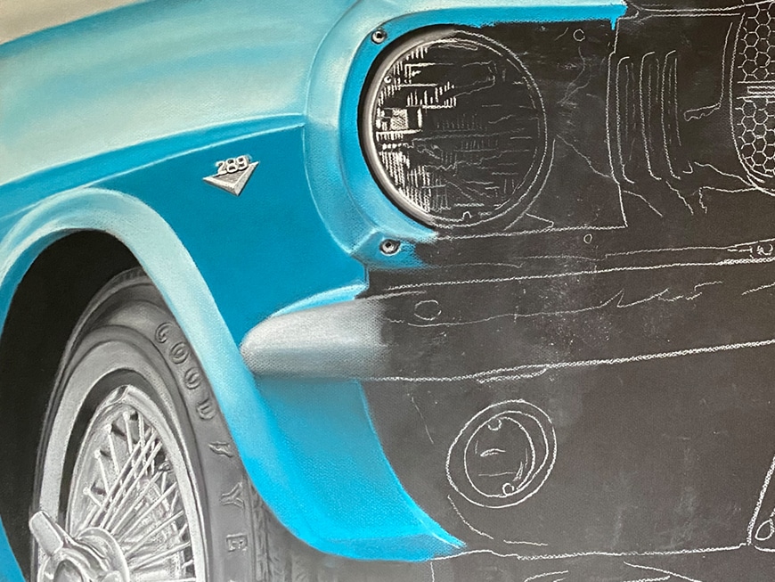 Detalle del proceso del cuadro de un Ford Mustang en el que se puede observar el emblema 289