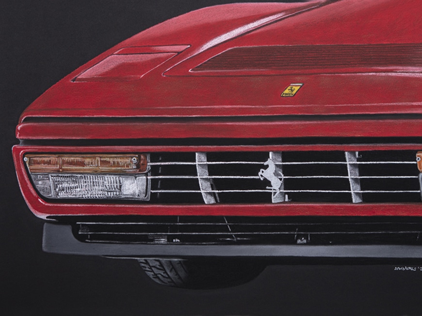 El quadre d'un Ferrari 328 GTB que mostra un detall de la part davantera