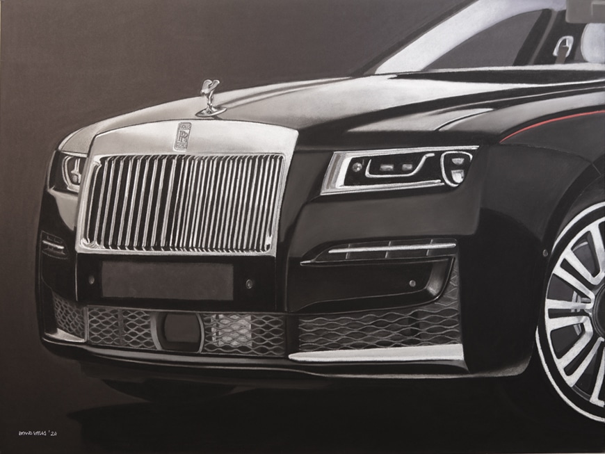Quadre amb una vista frontal del Rolls Royce Ghost pintat sobre paper negre.
